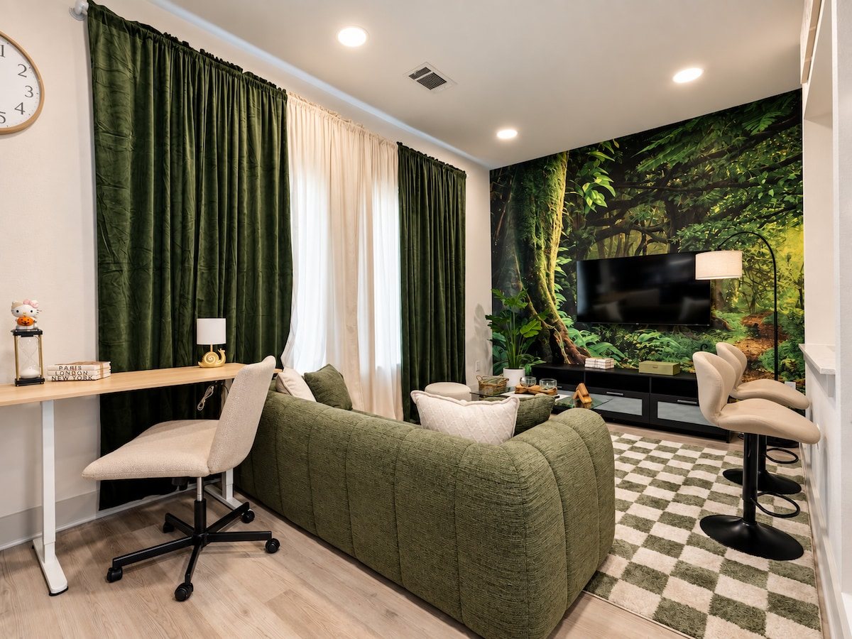 First Thing Forest — living room with forest mural